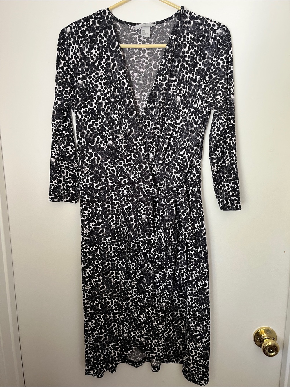 Vintage H&M Black Grey White Animal-Print Spots Wrap Midi Dress